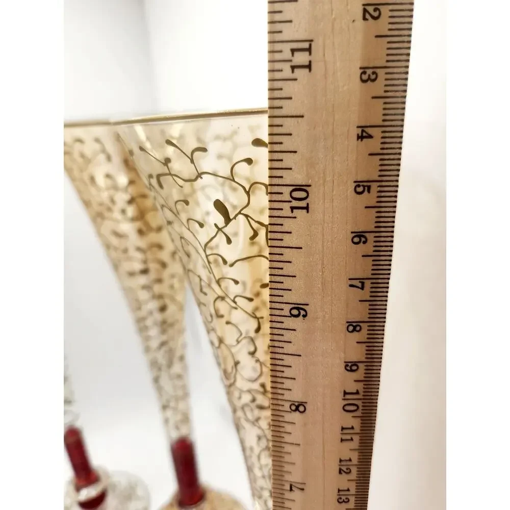 Pier 1 Fluted Champagne Glasses P1C8 Gold Filigree Red Stem Set of 6 Vintage